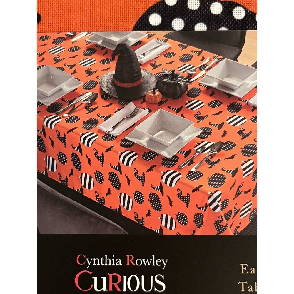 Halloween Witch Bat Pumpkin 70" Round Tablecloth Cynthia Rowley Curious NEW - Picture 5 of 5